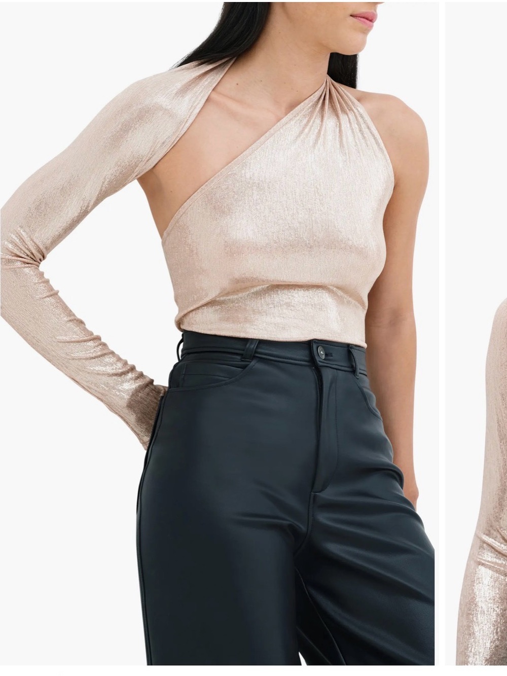 Marcella NYC Manhattan Shiny One Shoulder Top — Beige, Size M